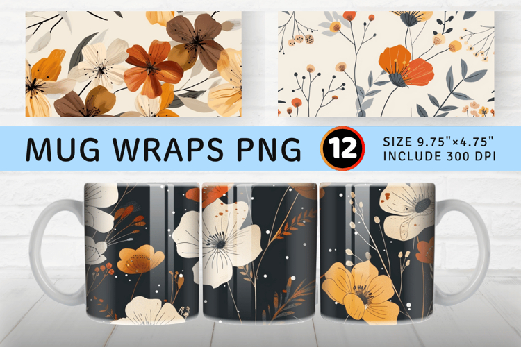 Minimal Boho Flowers Mug Wrap Sublimation Designs