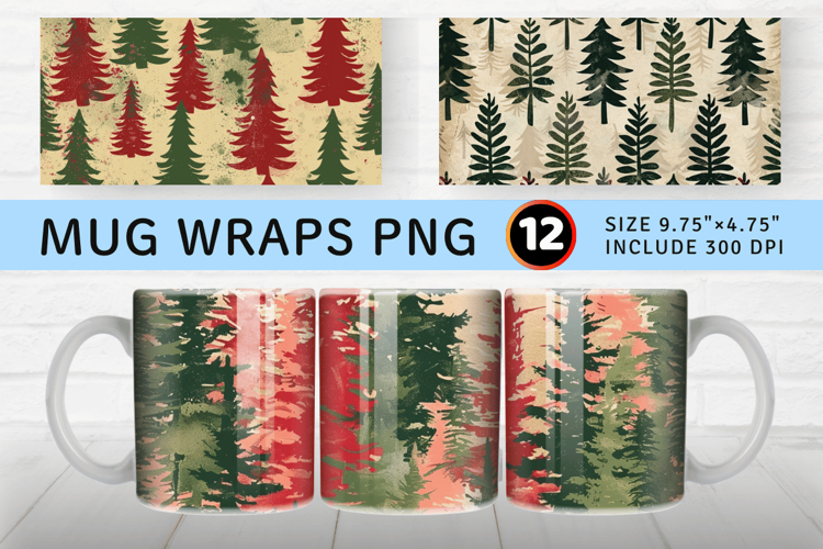Red   Green Pine Trees Mug Wrap Sublimation Designs