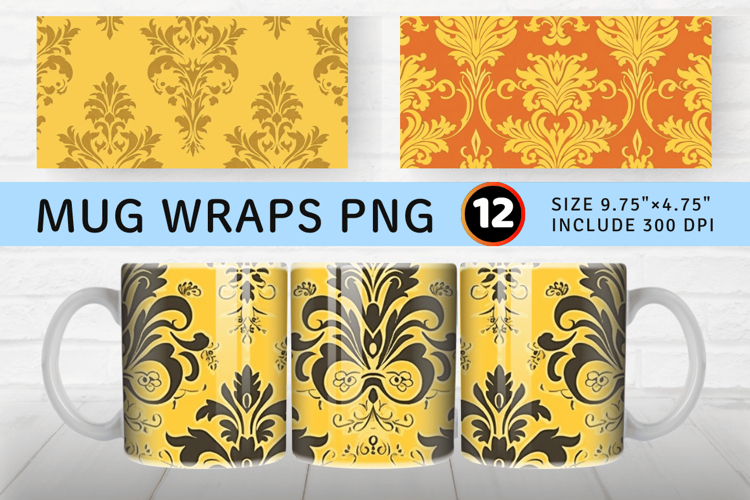 Tuscan Sun Damask Mug Wrap Sublimation Designs