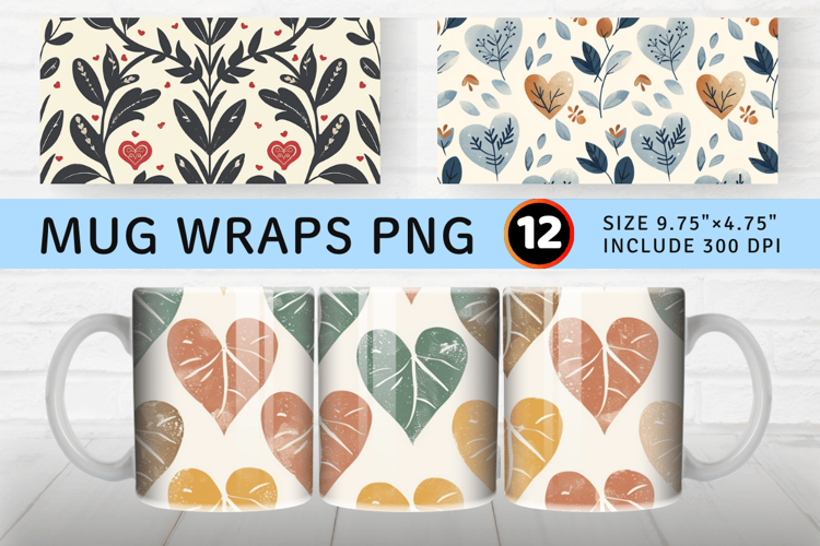 Vintage Cottagecore Hearts Leaves Mug Wrap Sublimation Desig