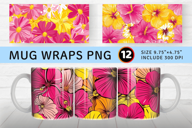 Bright Pink   Yellow Flowers Mug Wrap Sublimation Designs