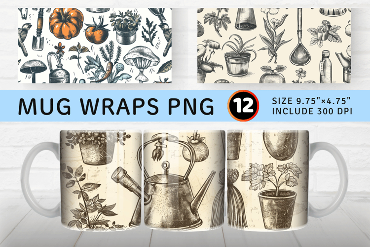 Vintage Gardening Sketchnote Mug Wrap Sublimation Designs