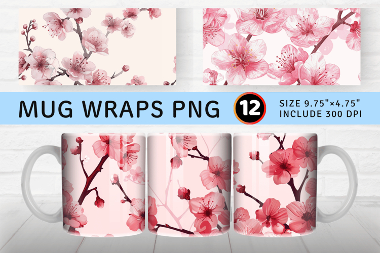 Pink Cherry Blossoms Floral Mug Wrap Sublimation Designs