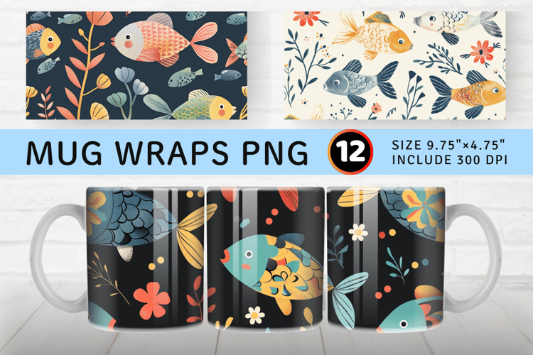 Cute Floral Fishes Mug Wrap Sublimation Designs