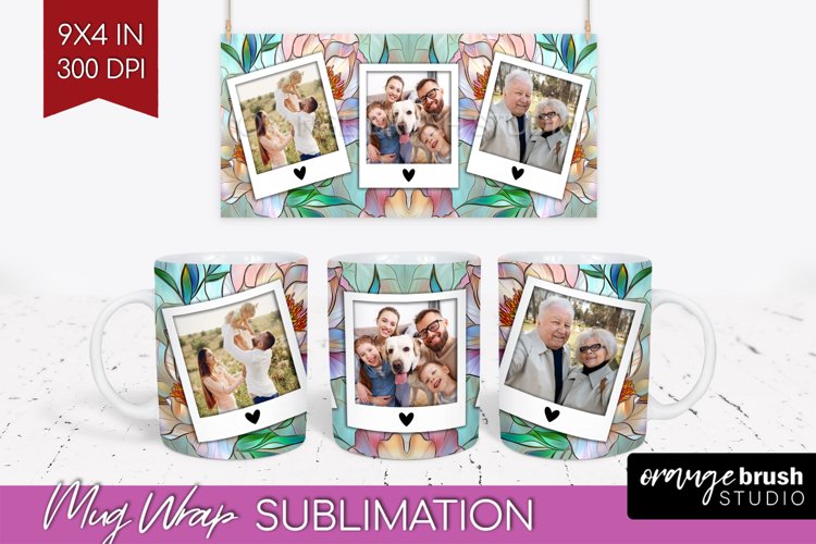 Stained Glass Photo Mug Wrap PNG - Flowers Picture Frame Mug