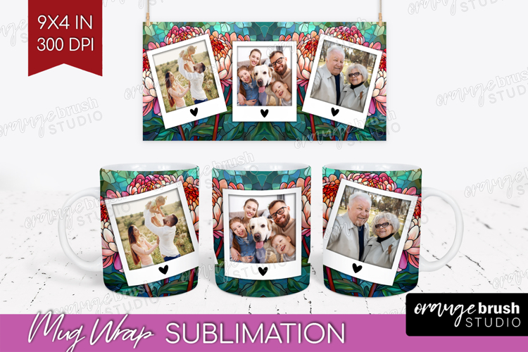 Stained Glass Photo Mug Wrap PNG - Flowers Picture Frame Mug