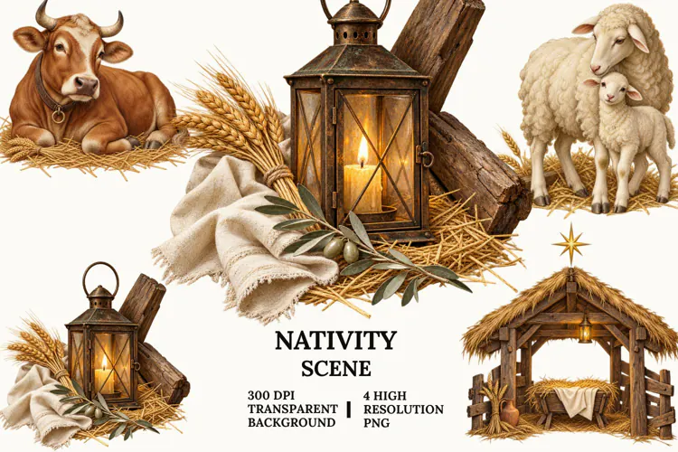 Nativity Scene Clipart with Manger, Lantern, Sheep and Ox