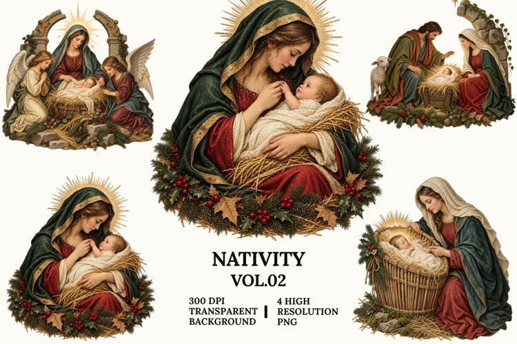 Nativity Vol 2 Clipart, Mary and Baby Jesus Christmas PNG example image 1