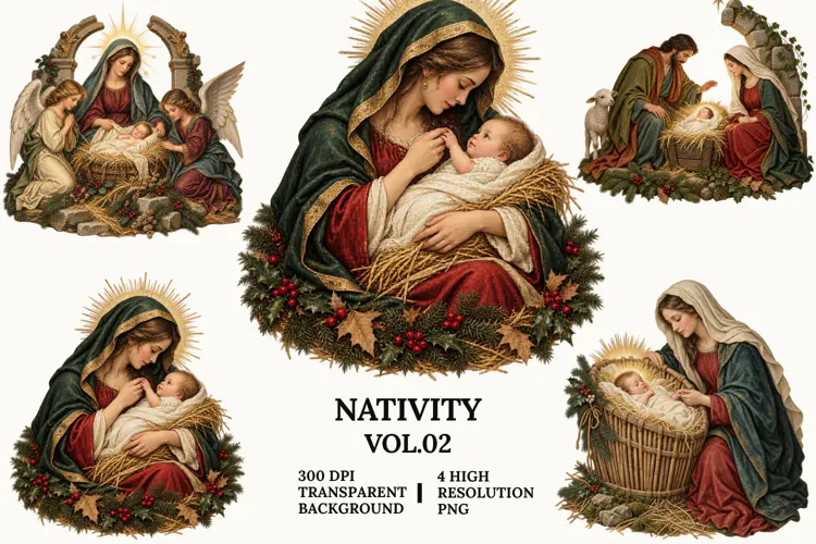 Nativity Vol 2 Clipart, Mary and Baby Jesus Christmas PNG