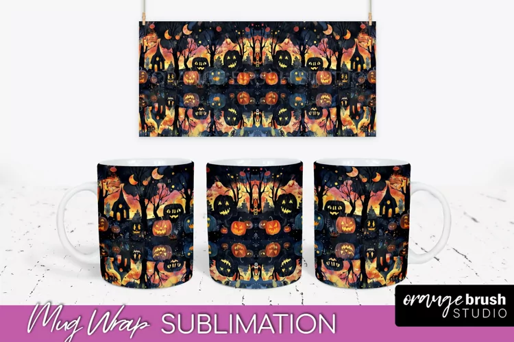 Neon Halloween Mug Wrap - Spooky Mug Sublimation Designs