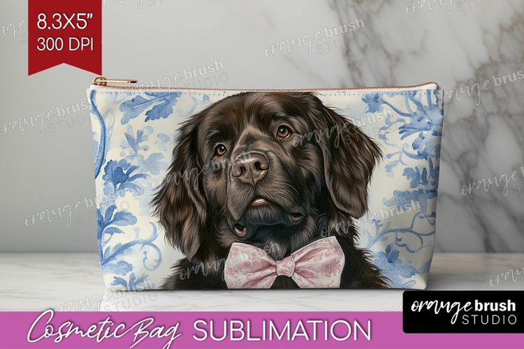 Newfoundland Dog Cosmetic Bag Blue Toile Makeup Bag PNG