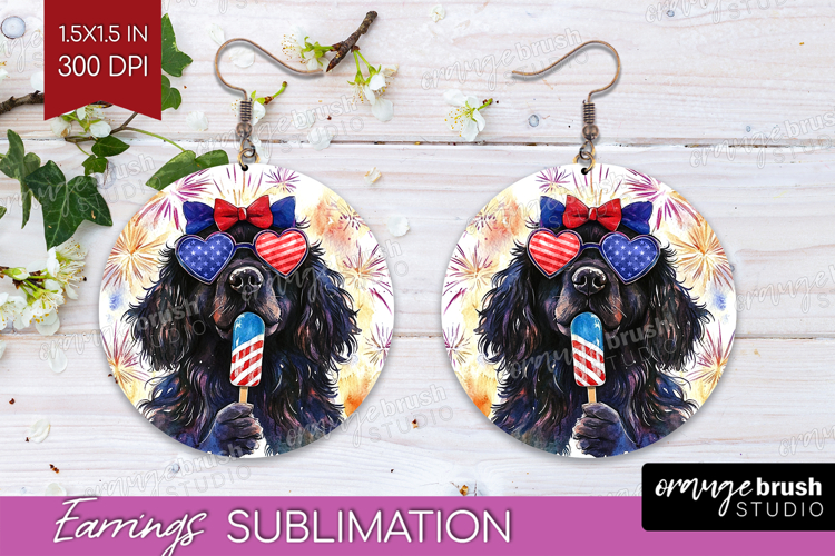 Newfoundland Dog Round Earrings 4th Of July PNG Sublimation