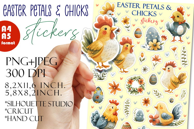 Easter Stickers, Floral Chick Pack, Printable PNG