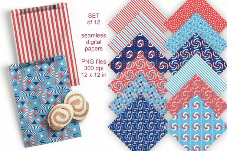 4th of July Various Seamless Patterned Papers Set of 12 PNG