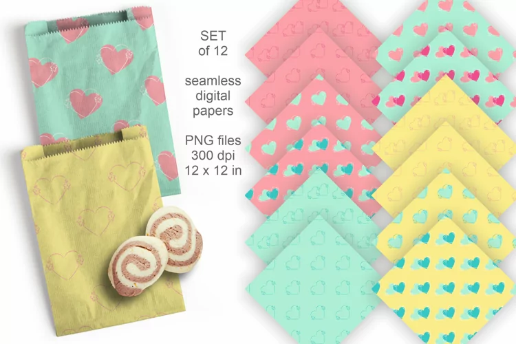 Pastel Seamless Patterned Papers with Hearts Set of 12 PNG