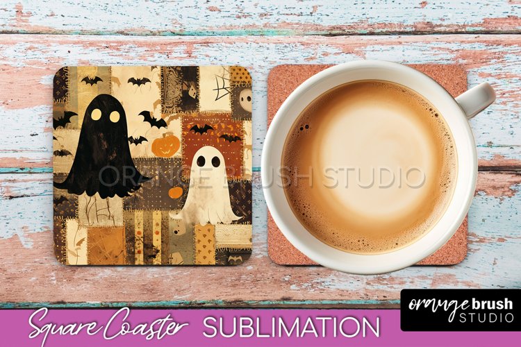 Patchwork Retro Halloween Coaster, Ghost Square Coaster PNG