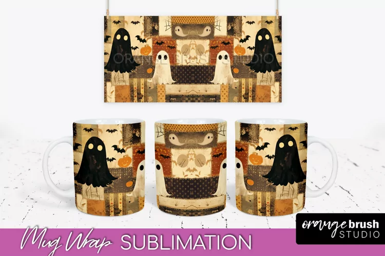 Ghost Mug Wrap - Patchwork Halloween Mug Sublimation