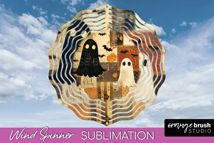 Patchwork Halloween Wind Spinner - Ghost Wind Spinner PNG