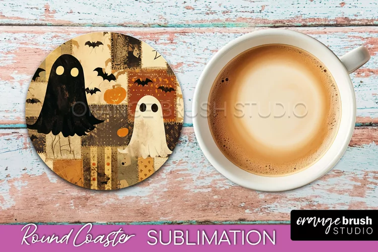 Ghost Coaster, Patchwork Halloween Round Coaster Sublimation