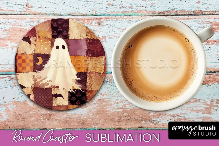 Ghost Coaster, Patchwork Halloween Round Coaster Sublimation