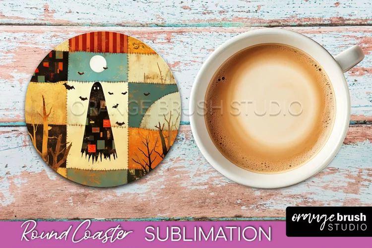Ghost Coaster, Patchwork Halloween Round Coaster Sublimation
