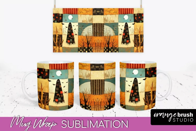 Ghost Mug Wrap - Patchwork Halloween Mug Sublimation