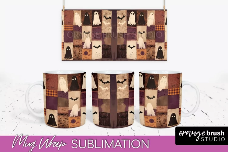Ghost Mug Wrap - Patchwork Halloween Mug Sublimation