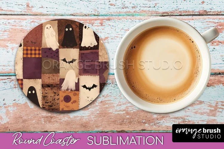 Ghost Coaster, Patchwork Halloween Round Coaster Sublimation