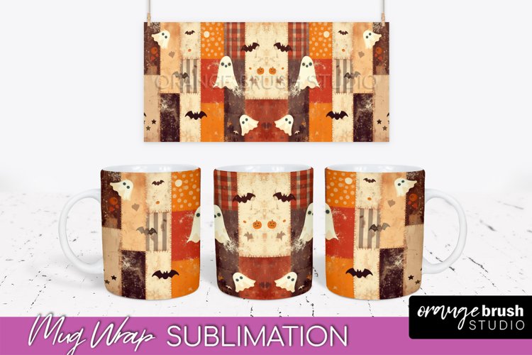 Ghost Mug Wrap - Patchwork Halloween Mug Sublimation example image 1
