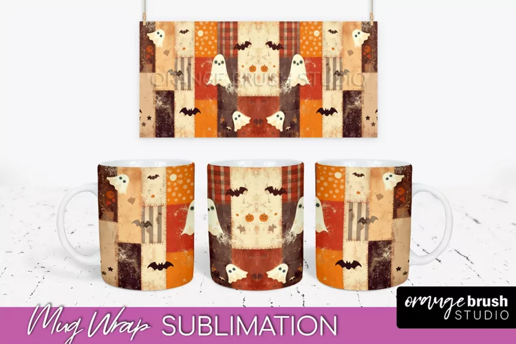 Ghost Mug Wrap - Patchwork Halloween Mug Sublimation
