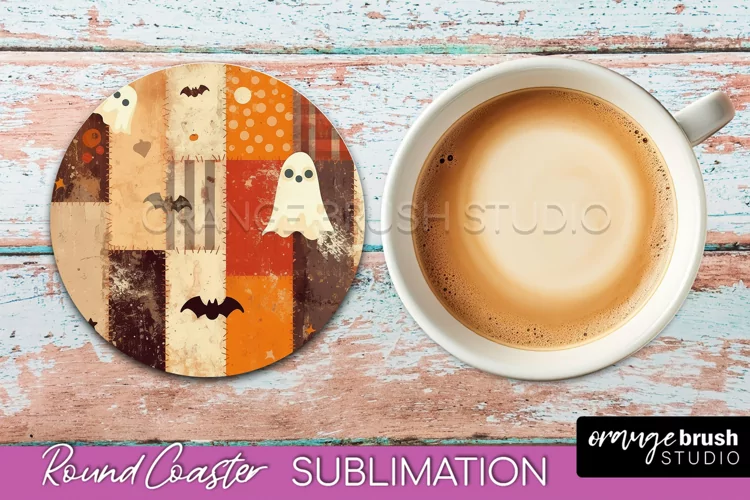 Ghost Coaster, Patchwork Halloween Round Coaster Sublimation