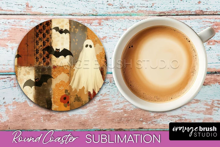 Ghost Coaster, Patchwork Halloween Round Coaster Sublimation