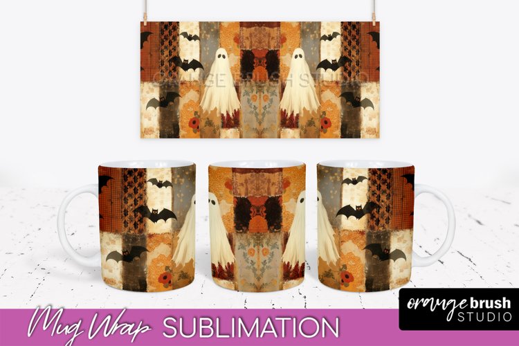 Ghost Mug Wrap - Patchwork Halloween Mug Sublimation example image 1