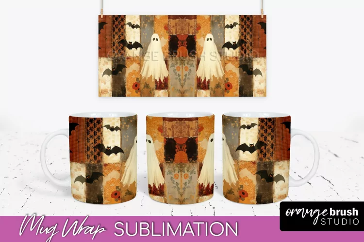 Ghost Mug Wrap - Patchwork Halloween Mug Sublimation