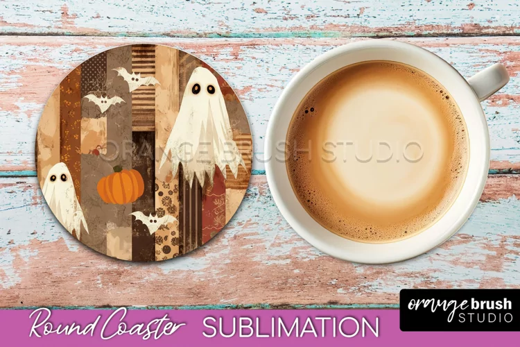 Ghost Coaster, Patchwork Halloween Round Coaster Sublimation