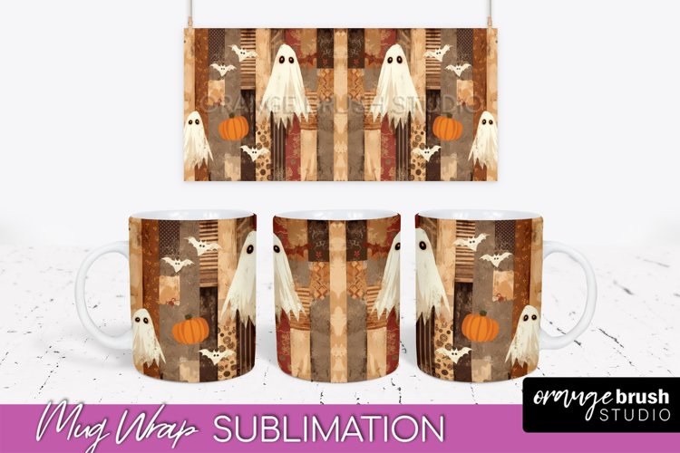 Ghost Mug Wrap - Patchwork Halloween Mug Sublimation example image 1