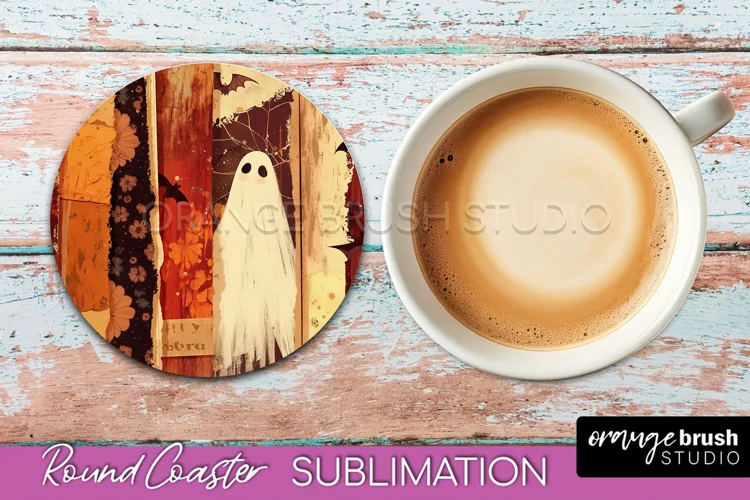Ghost Coaster, Patchwork Halloween Round Coaster Sublimation