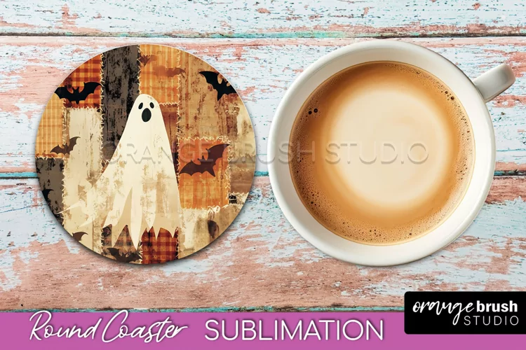 Ghost Coaster, Patchwork Halloween Round Coaster Sublimation