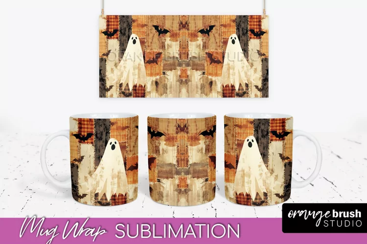 Ghost Mug Wrap - Patchwork Halloween Mug Sublimation