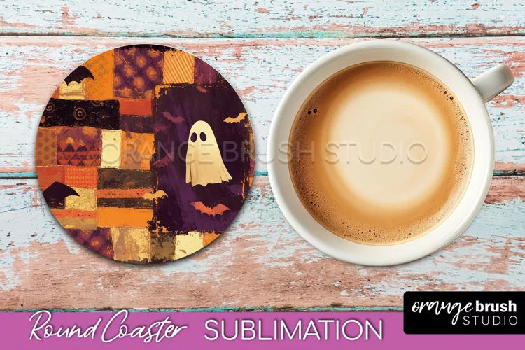 Ghost Coaster, Patchwork Halloween Round Coaster Sublimation
