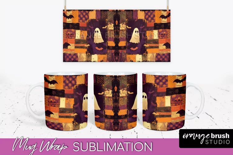 Ghost Mug Wrap - Patchwork Halloween Mug Sublimation