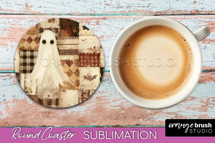 Ghost Coaster, Patchwork Halloween Round Coaster Sublimation