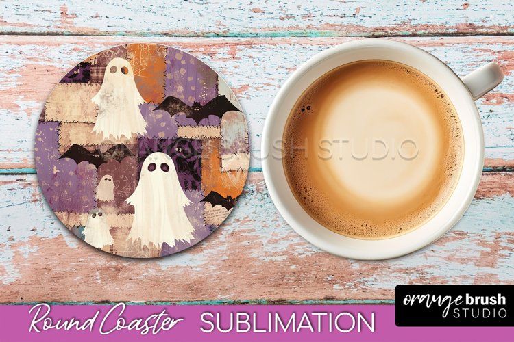 Ghost Coaster, Patchwork Halloween Round Coaster Sublimation example image 1