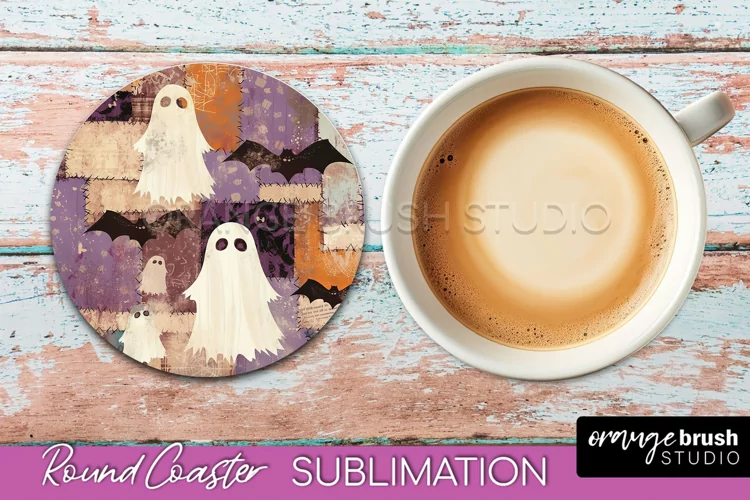 Ghost Coaster, Patchwork Halloween Round Coaster Sublimation