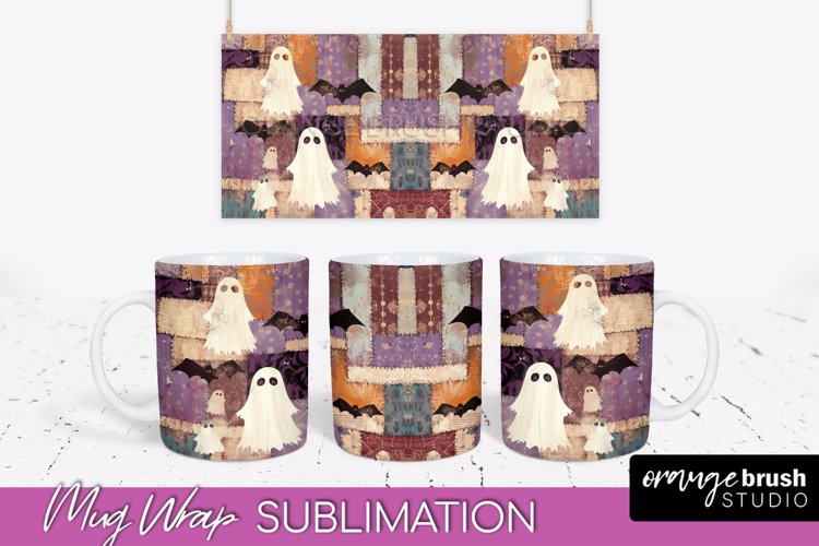 Ghost Mug Wrap - Patchwork Halloween Mug Sublimation example image 1