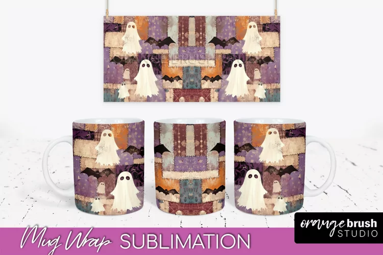 Ghost Mug Wrap - Patchwork Halloween Mug Sublimation