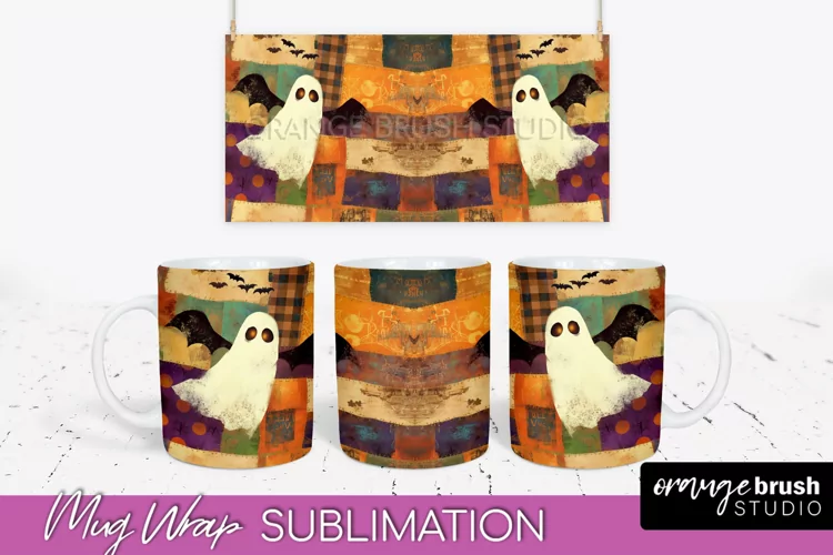 Ghost Mug Wrap - Patchwork Halloween Mug Sublimation