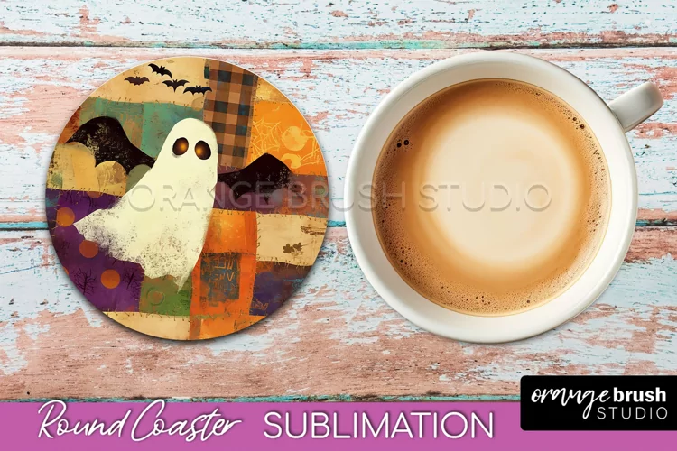 Ghost Coaster, Patchwork Halloween Round Coaster Sublimation