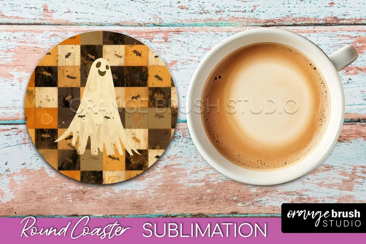 Ghost Coaster, Patchwork Halloween Round Coaster Sublimation