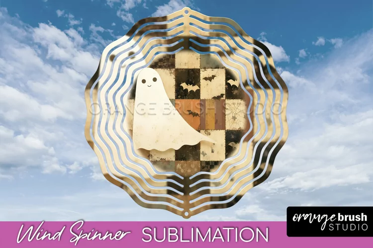 Patchwork Halloween Wind Spinner - Ghost Wind Spinner PNG